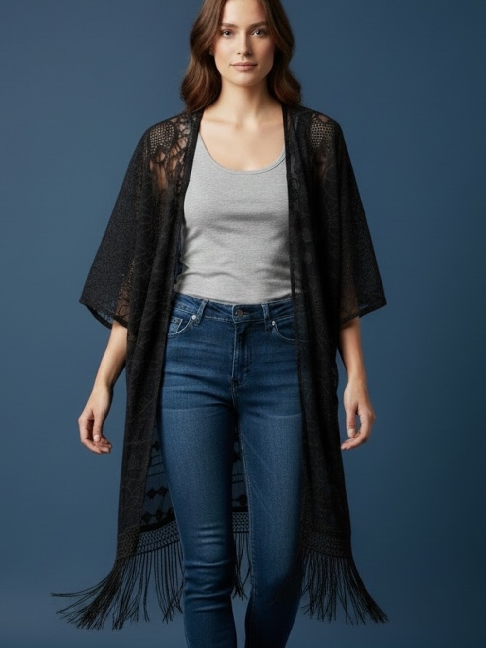 ❤️ Daytrip Black Crochet Chiffon Fringe Duster Kimono